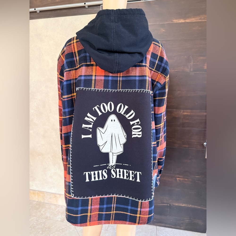 Upcycled Original Use Ghost Orange/Black Plaid Hooded Shacket  Size XXL